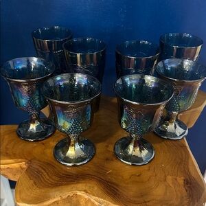 Set of 8 Vintage Indiana Harvest Blue Carnival Grape Glass 4 Tumblers & 4 Goblet
